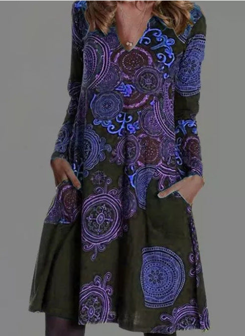 Women’s Dress - Autumn New Printed Pocket Dres
