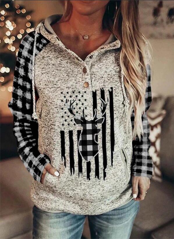 Cute and cozy Long sleeve pullover - Hooded Loose Fleece Sweater Plaid Printed pullover