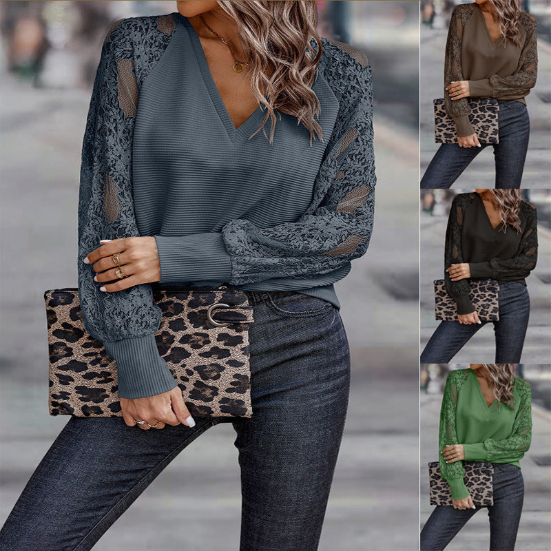Women's long sleeve shirt - Dacron Garment Long Sleeve Stitching Lace Knitted