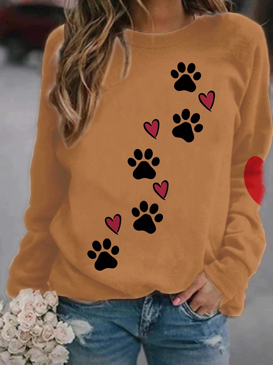 Women’s Long sleeve Tshirt - Women's Fashion Casual Dog Paw Element Printing Long Sleeve Crew Neck Sweater