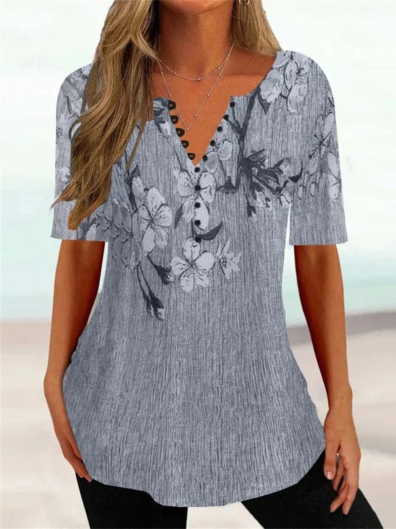 Women’s Shirt - Summer Loose V-neck Short Sleeve Pleated Button Shirt For Women
