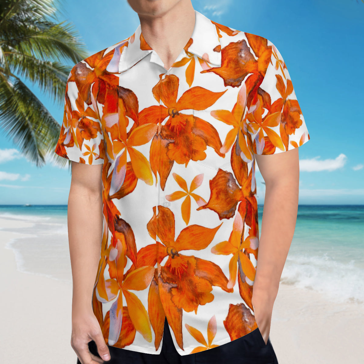 Hawaiian shirt - Orange and white flower design