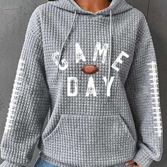 Women’s Sweater - Women's Rugby Print Hooded Waffle Sweater