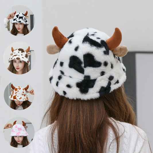 Women’s Hat -  Cow Pattern Fisherman Hat With Cute Horn Winter Fashion Thickened Warm Plush Hat For Women