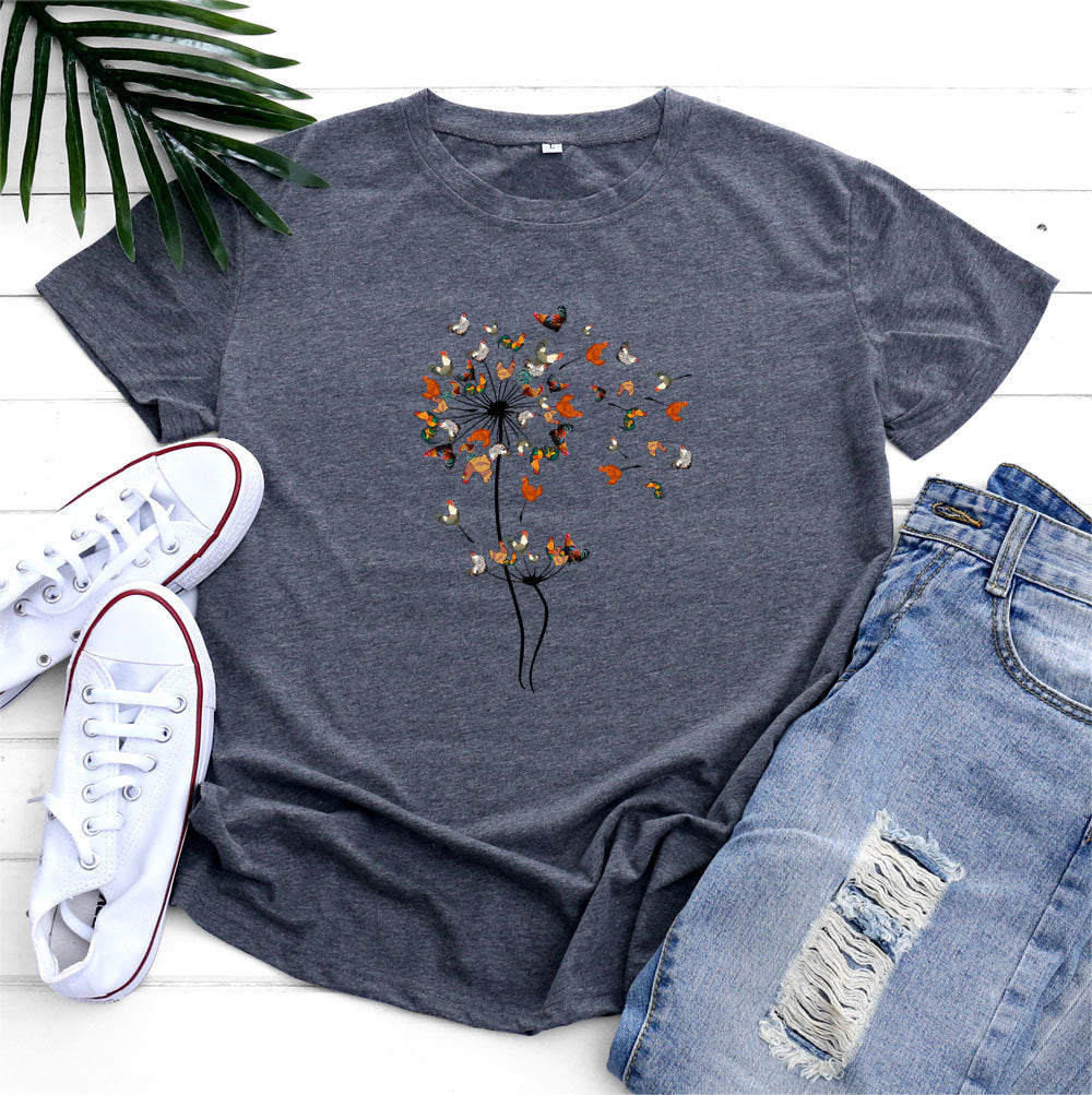 Women’s Short sleeve Tshirt  - European And American Rooster Dandelion Printed Cotton