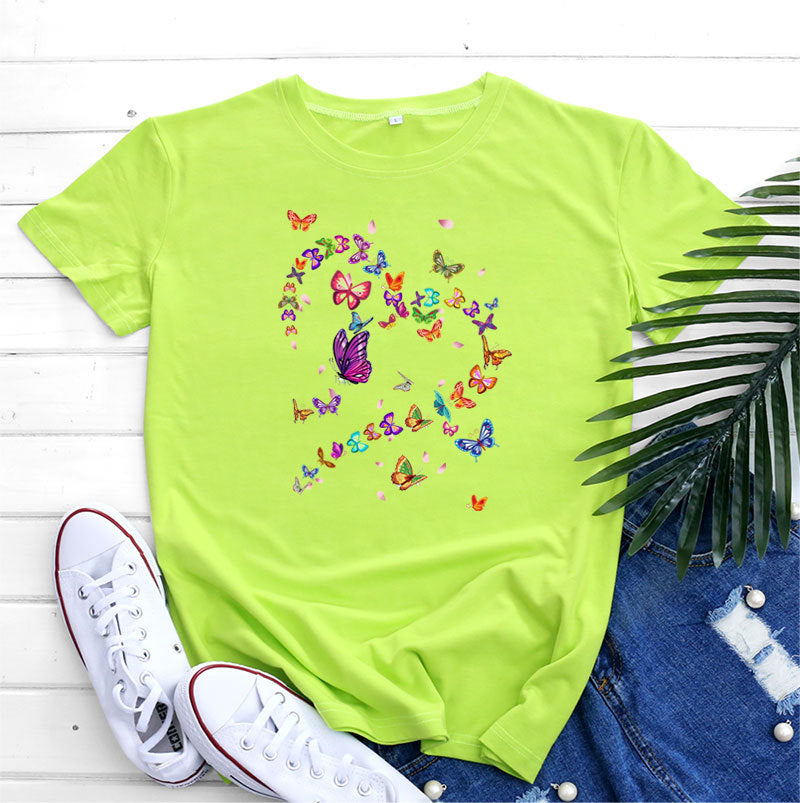 Women’s Tshirt - Women's Fashionable Simple Heart Butterfly Printed Round Neck Short Sleeve T-shirt