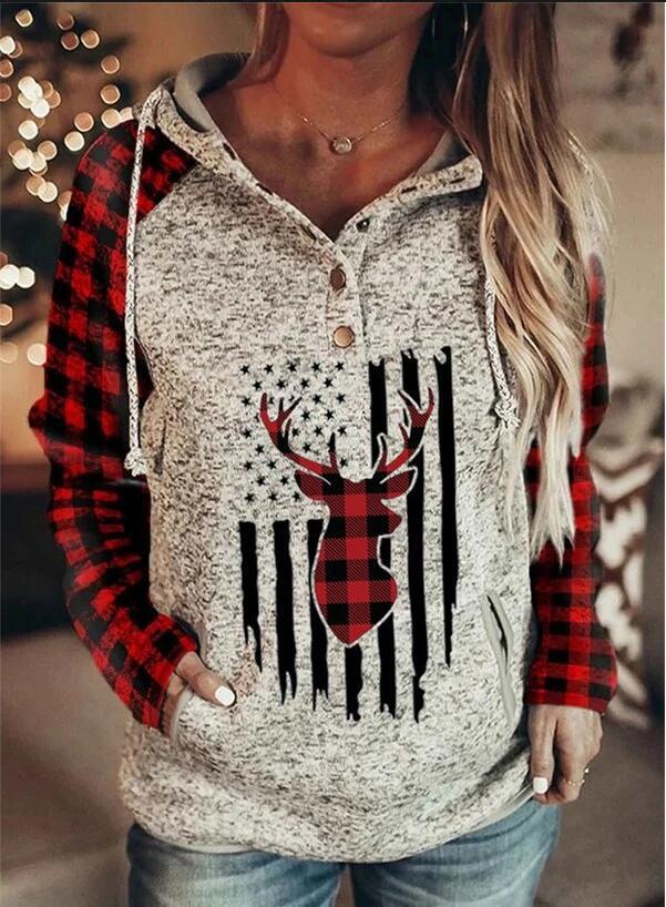 Cute and cozy Long sleeve pullover - Hooded Loose Fleece Sweater Plaid Printed pullover