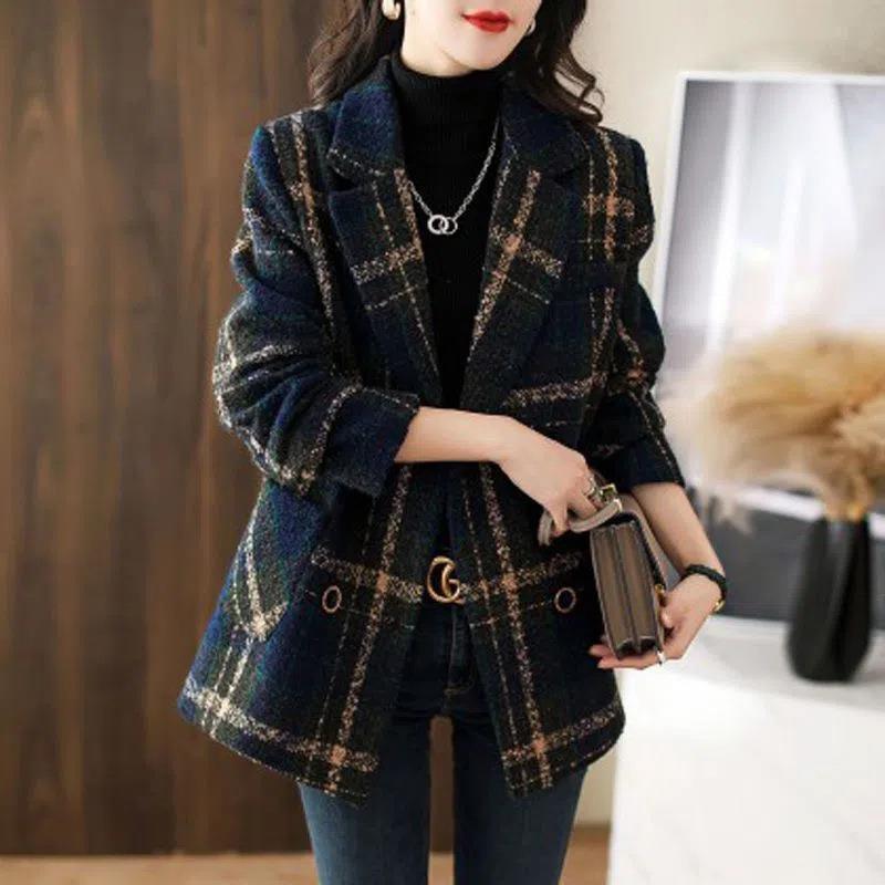 Women’s Jacket - Coat Fashion Slimming Retro Plaid Patchwork Wool Female Suit jacket