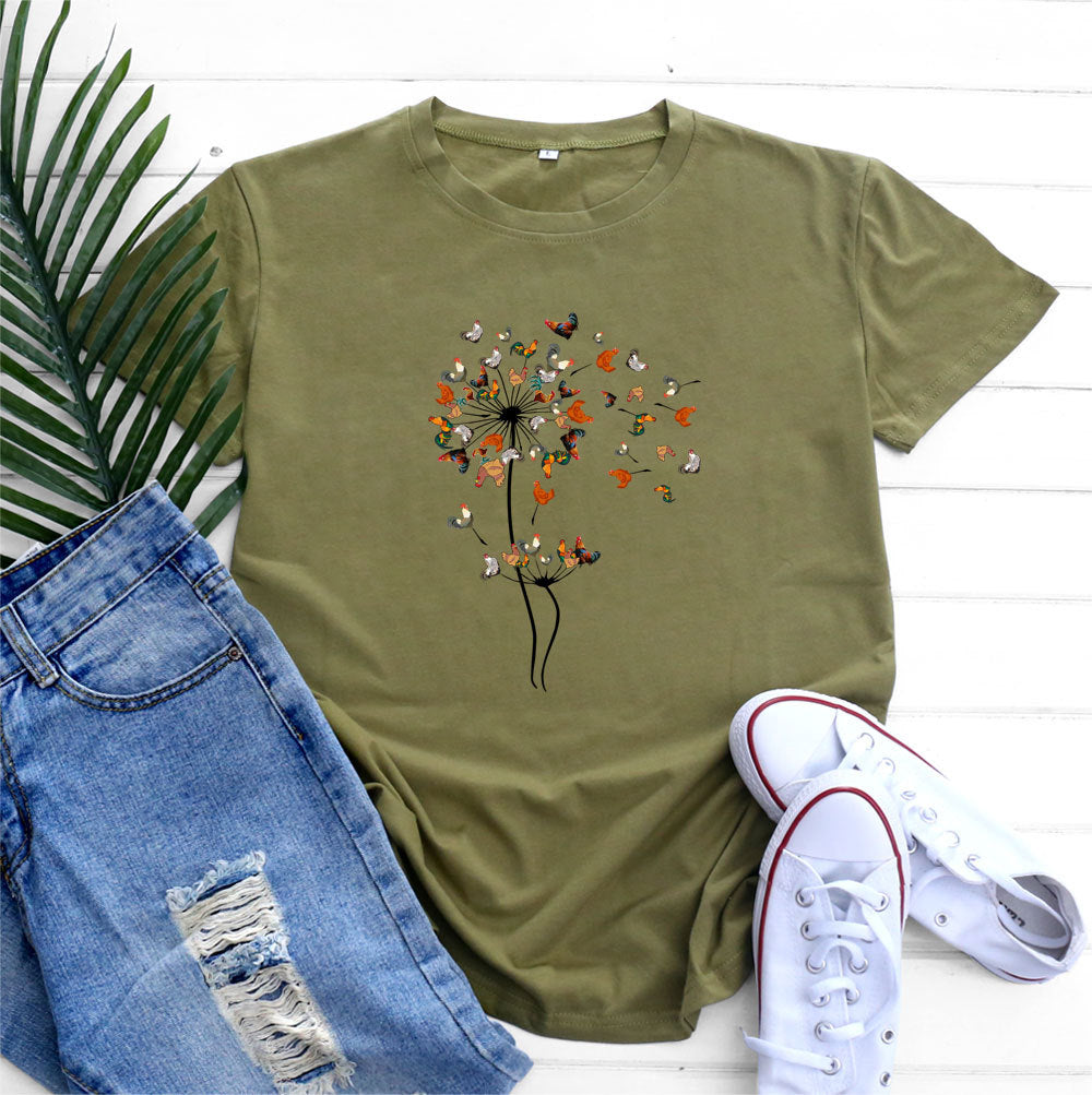 Women’s Short sleeve Tshirt  - European And American Rooster Dandelion Printed Cotton