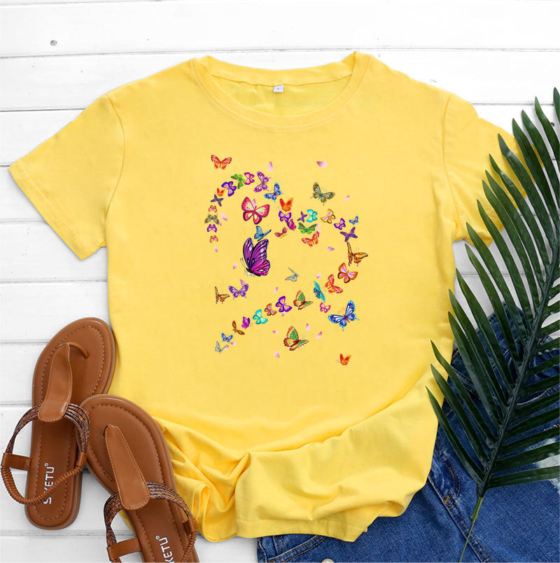 Women’s Tshirt - Women's Fashionable Simple Heart Butterfly Printed Round Neck Short Sleeve T-shirt