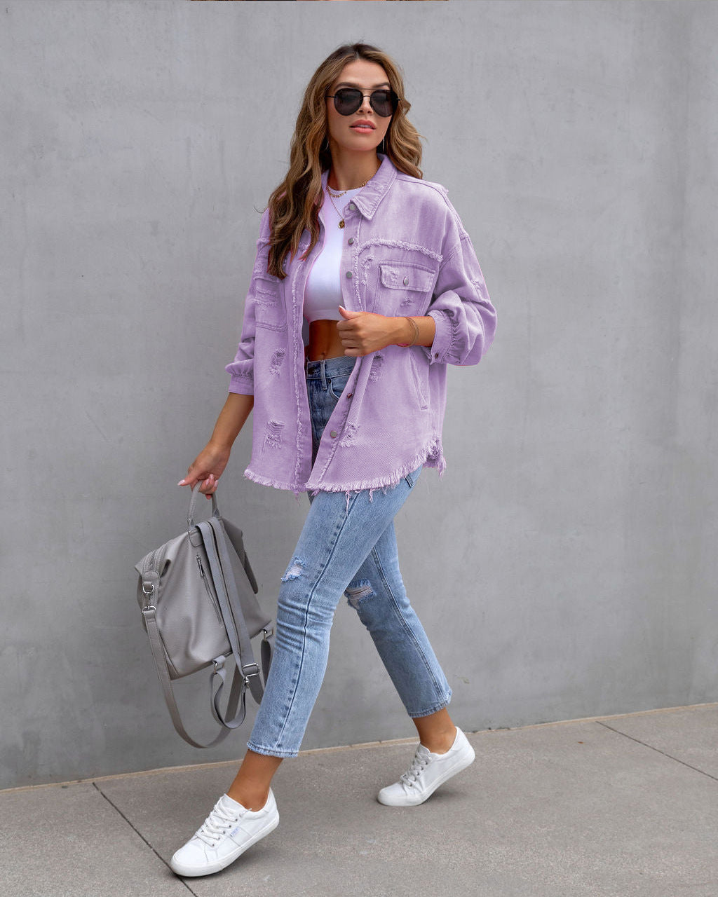 Women’s Jacket - Fashion Ripped Shirt Jacket Female Autumn And Spring Casual Tops Womens Clothing
