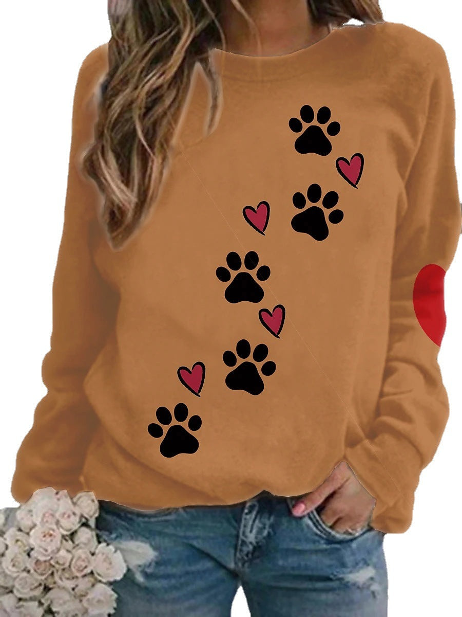 Women’s Long sleeve Tshirt - Women's Fashion Casual Dog Paw Element Printing Long Sleeve Crew Neck Sweater
