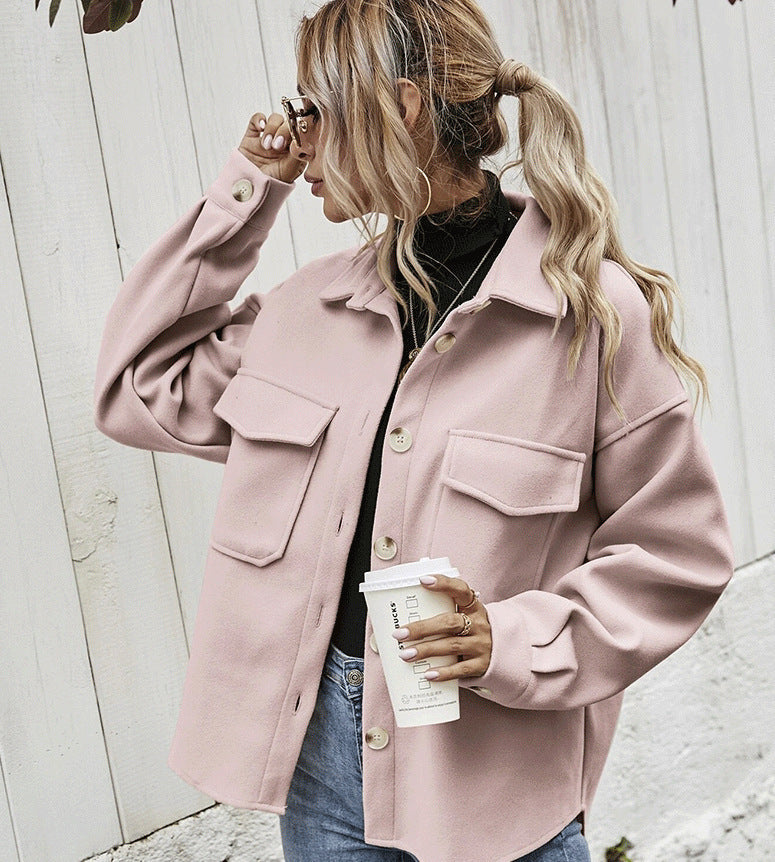 Women’s Winter Coat - Women Lapel Single-breasted Thickened Solid Color Jacket Woolen Loose Short Coat For Women Fashion Outwear Clothing