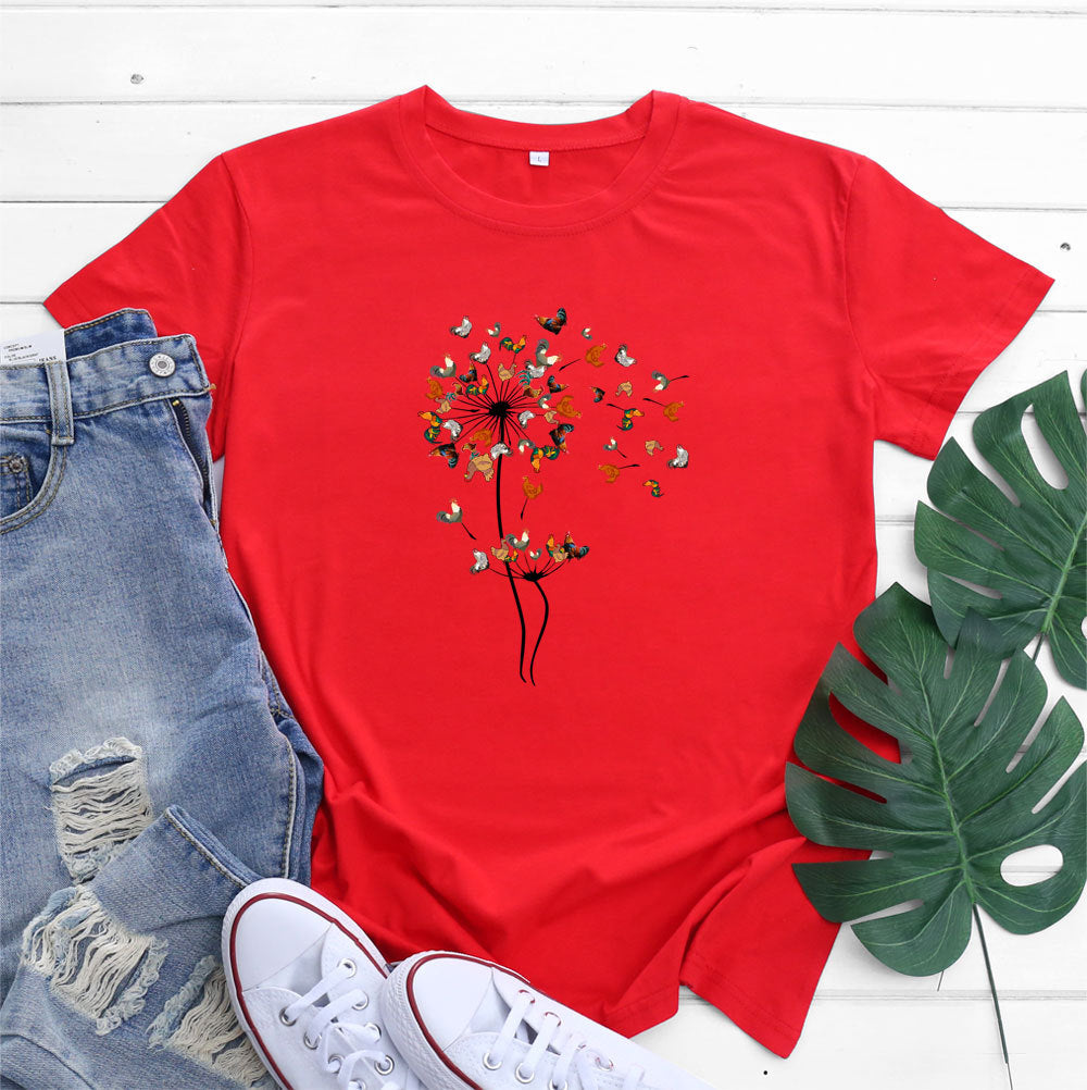Women’s Short sleeve Tshirt  - European And American Rooster Dandelion Printed Cotton