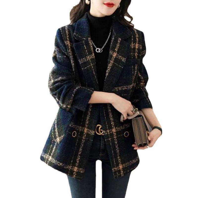 Women’s Jacket - Coat Fashion Slimming Retro Plaid Patchwork Wool Female Suit jacket