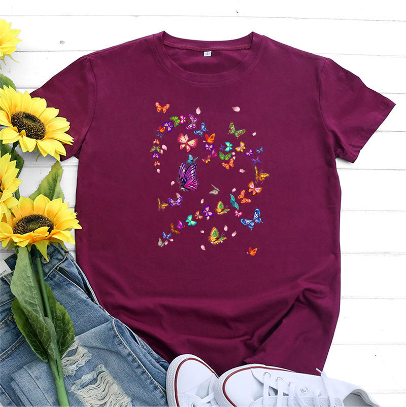 Women’s Tshirt - Women's Fashionable Simple Heart Butterfly Printed Round Neck Short Sleeve T-shirt