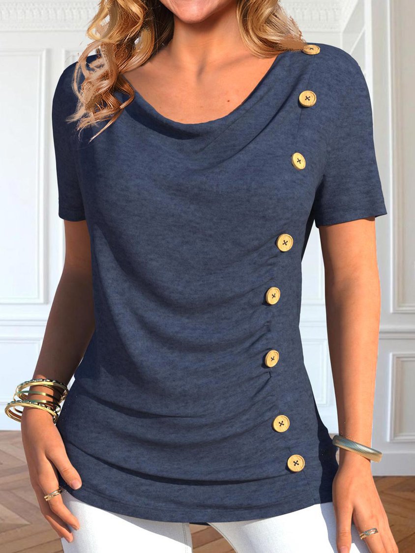 Women’s Shirt - Short sleeve Tshirt  - European And American Leisure Short Sleeve Button Solid Color