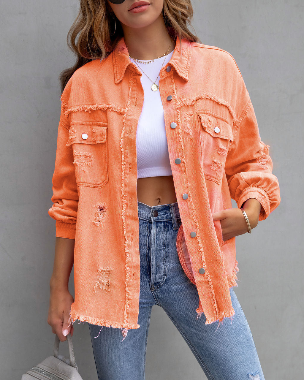 Women’s Jacket - Fashion Ripped Shirt Jacket Female Autumn And Spring Casual Tops Womens Clothing