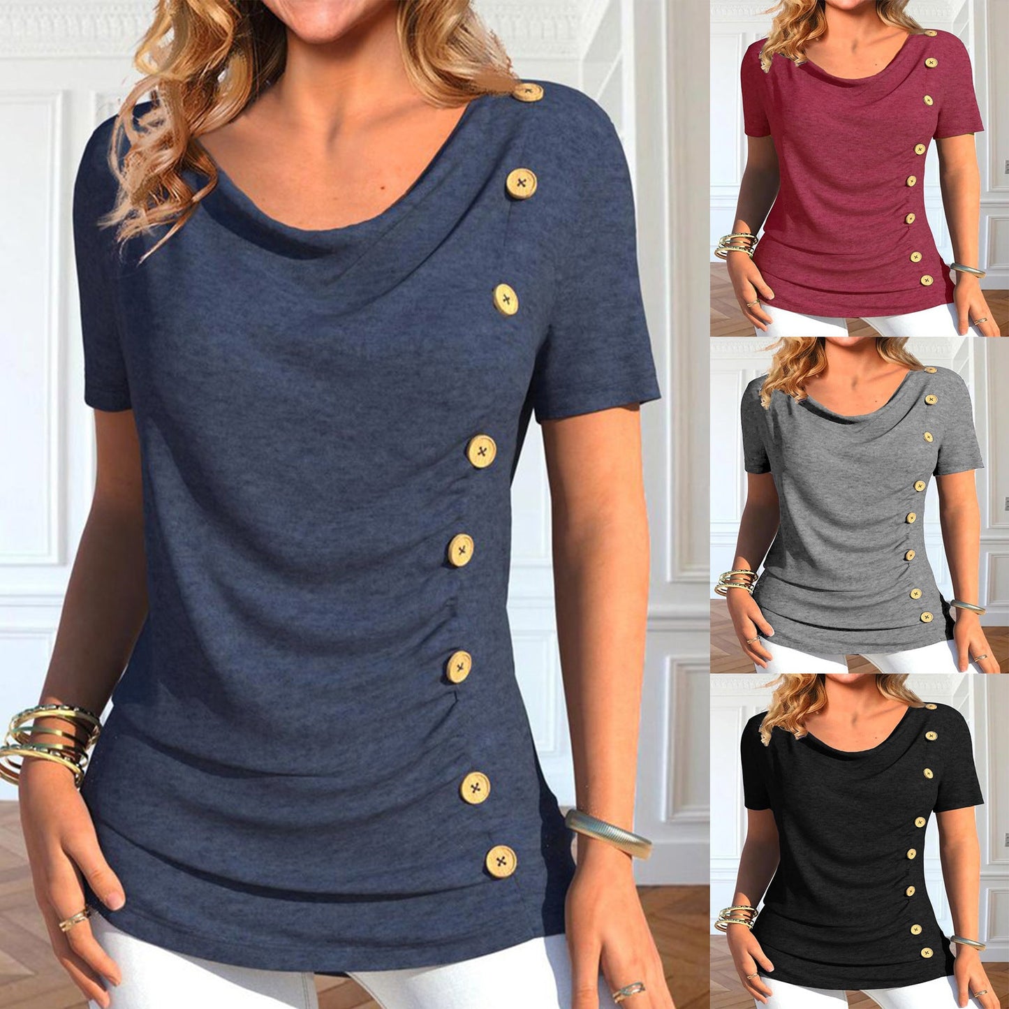 Women’s Shirt - Short sleeve Tshirt  - European And American Leisure Short Sleeve Button Solid Color
