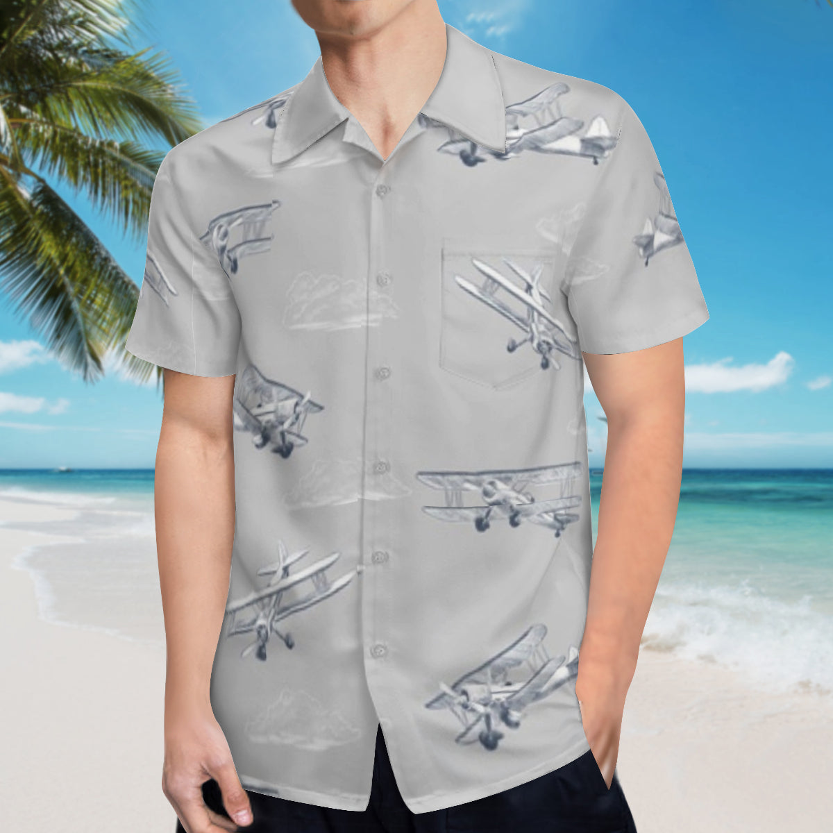 Hawaiian shirt - grey with airplanes