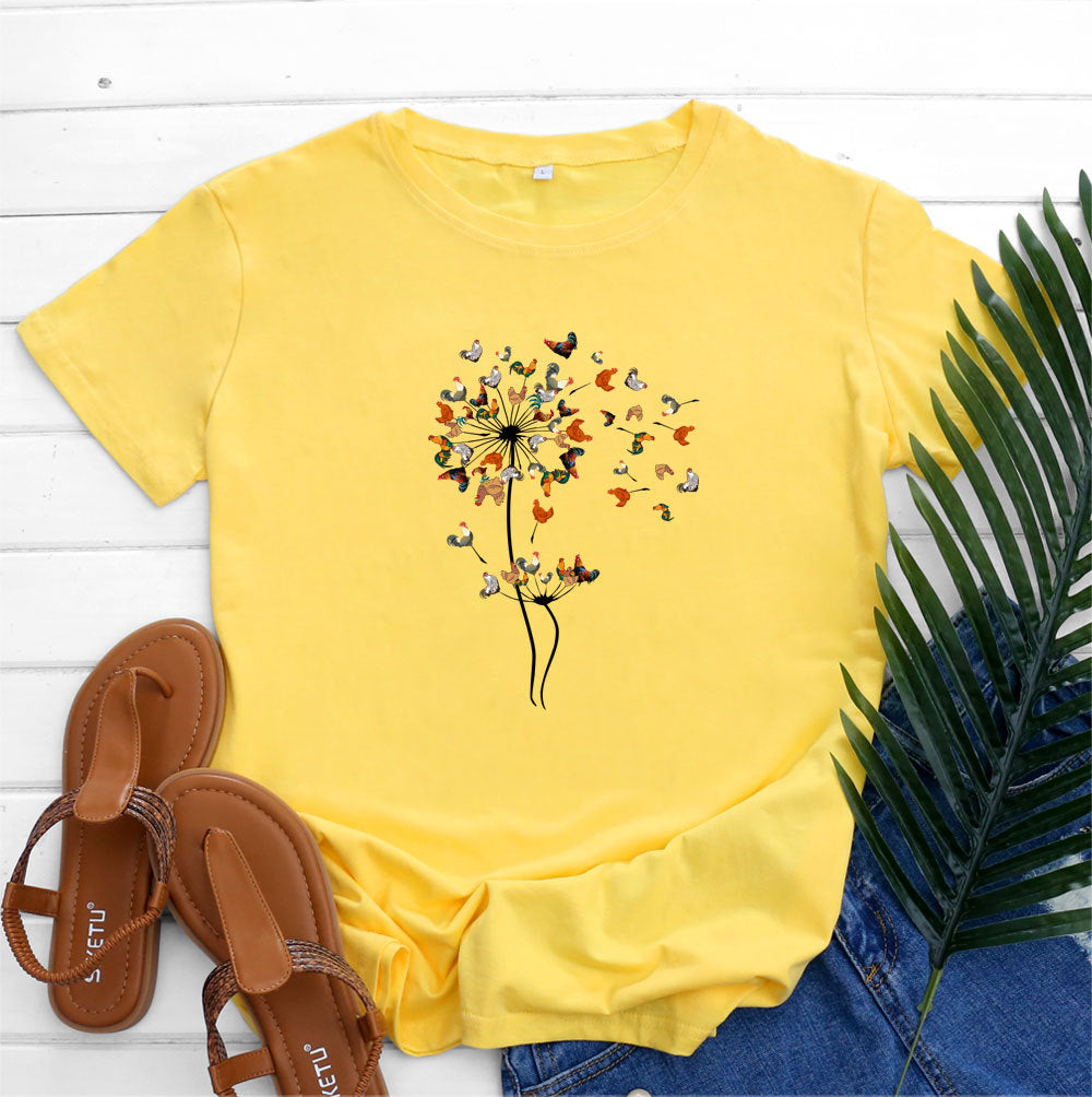 Women’s Short sleeve Tshirt  - European And American Rooster Dandelion Printed Cotton