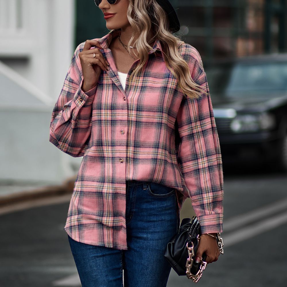 Women’s Long sleeve shirt - New Casual Loose Boyfriend Plaid Shirt