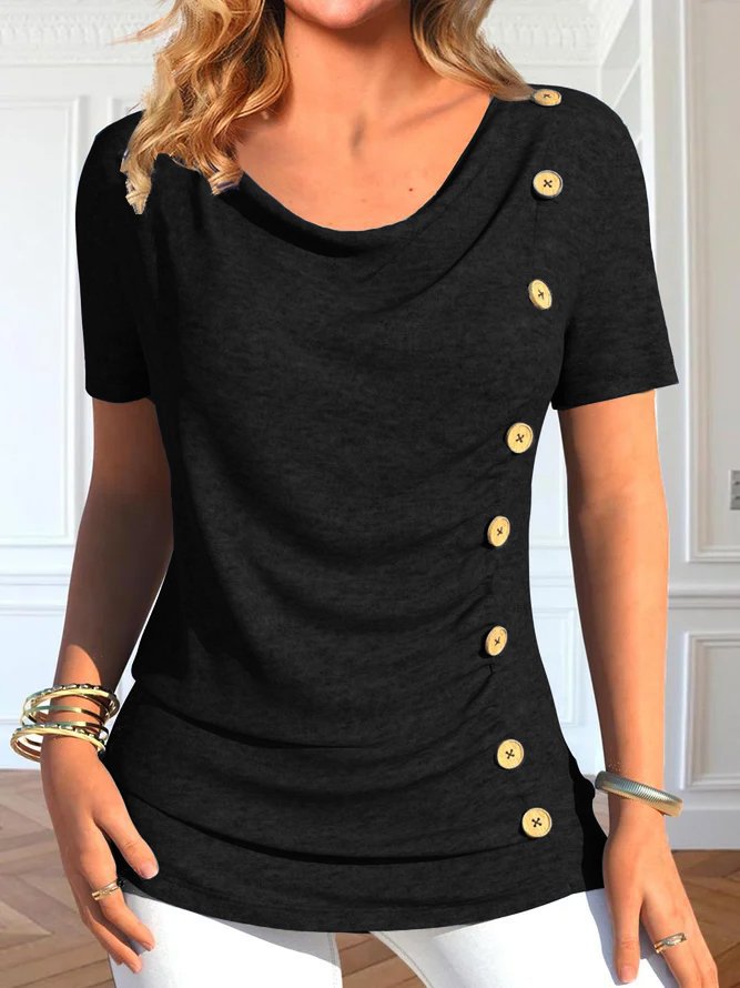 Women’s Shirt - Short sleeve Tshirt  - European And American Leisure Short Sleeve Button Solid Color