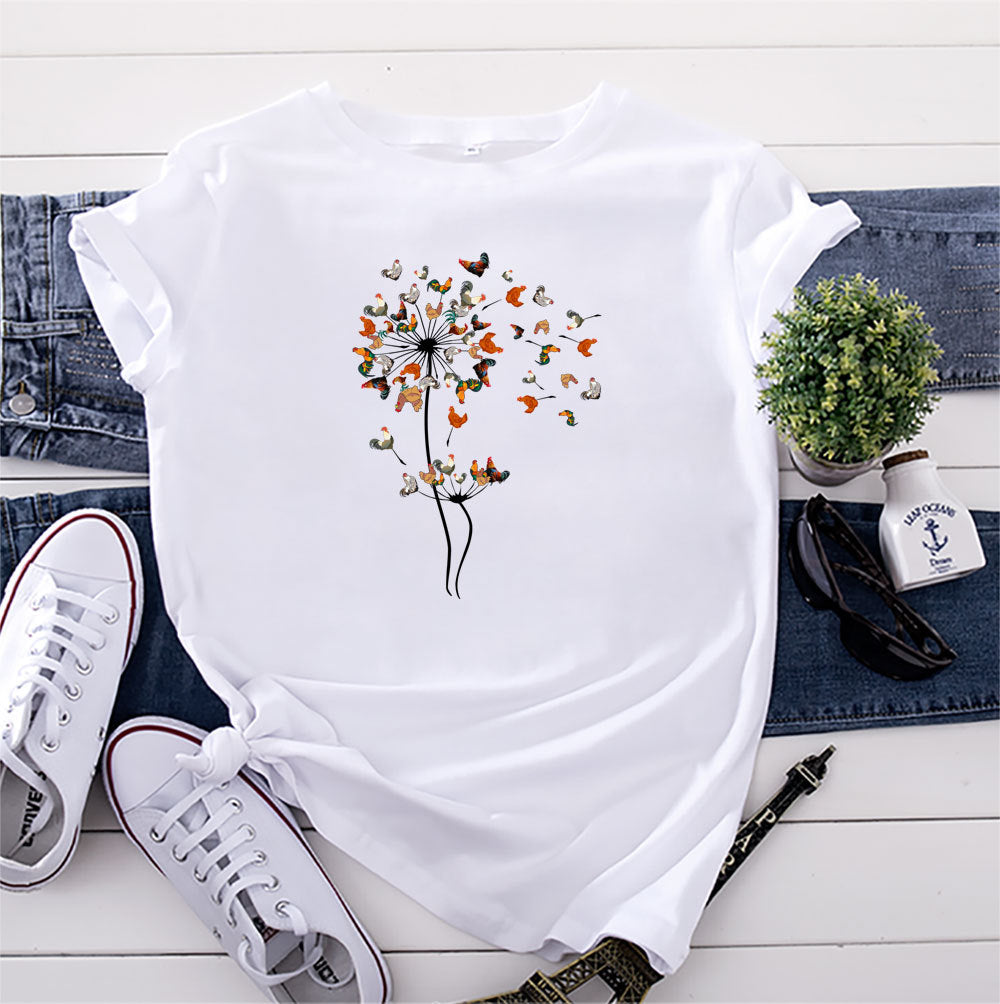 Women’s Short sleeve Tshirt  - European And American Rooster Dandelion Printed Cotton