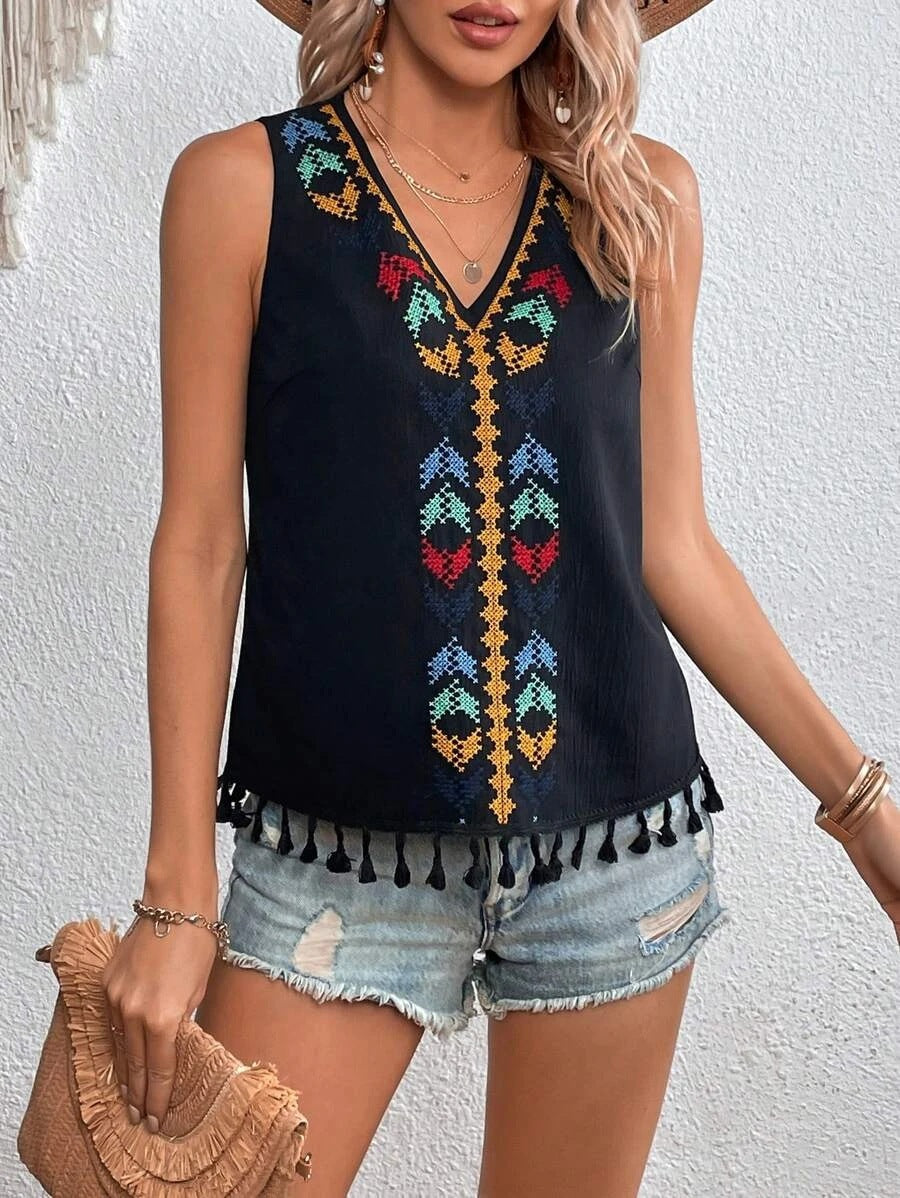 Women’s Tshirt - Women's Summer Ethnic Style V-neck Embroidery Vest Top