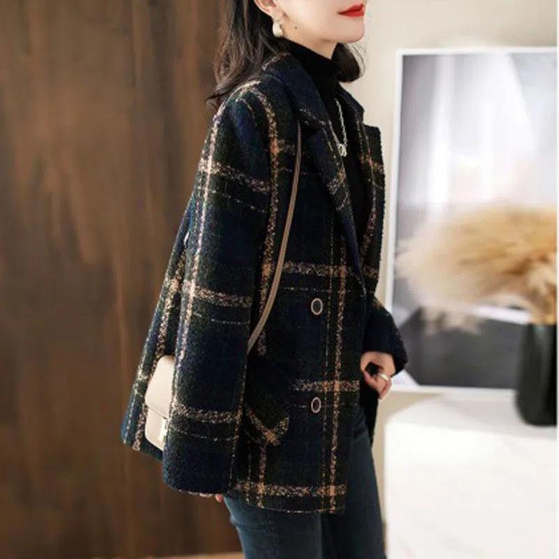 Women’s Jacket - Coat Fashion Slimming Retro Plaid Patchwork Wool Female Suit jacket