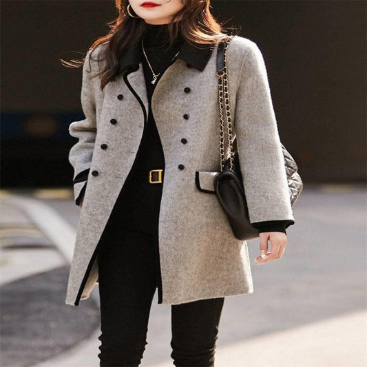 Women’s Jacket - Casual Contrast Color Peter Pan Collar Woolen Coat
