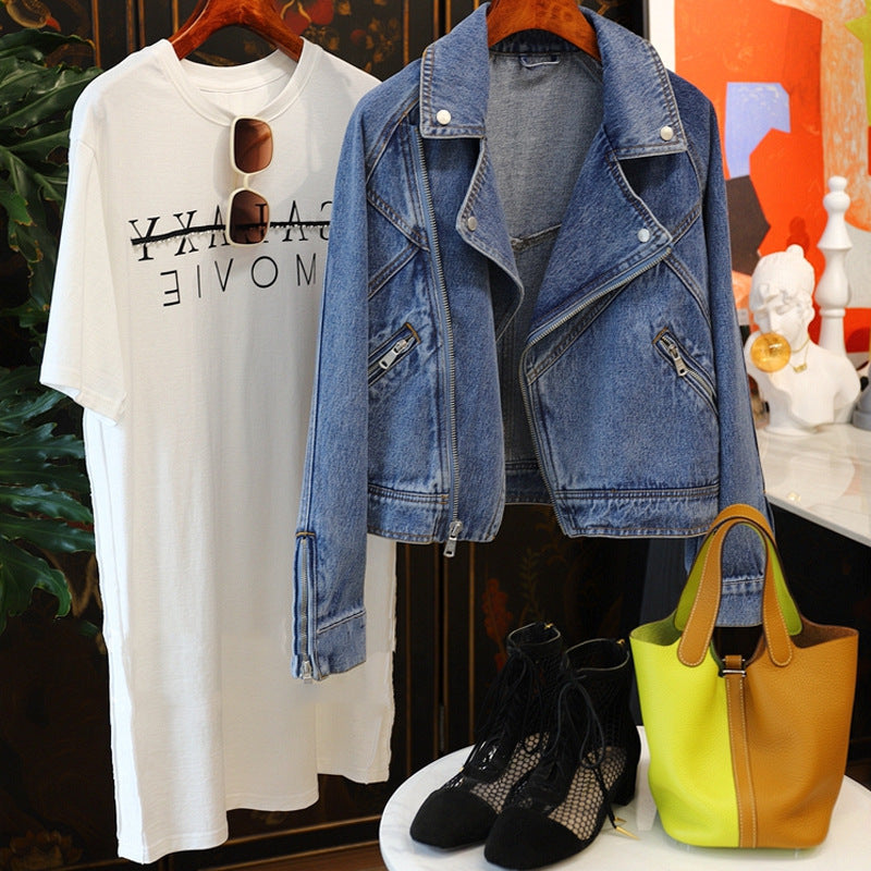 Denim Women’s Jacket - Large Lapel Long-sleeve Zipper Locomotive Style Denim Coat Jacket