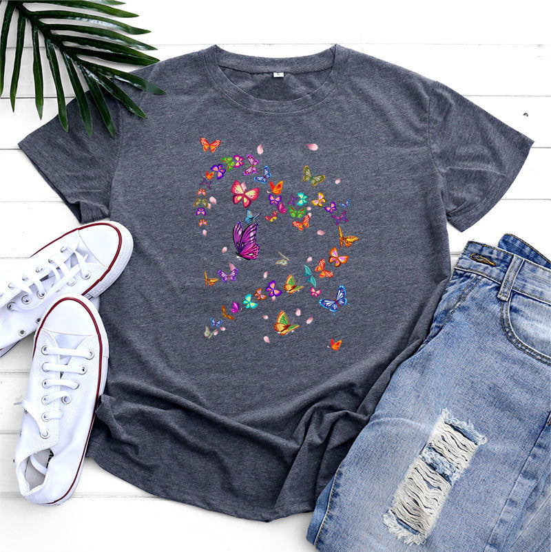 Women’s Tshirt - Women's Fashionable Simple Heart Butterfly Printed Round Neck Short Sleeve T-shirt