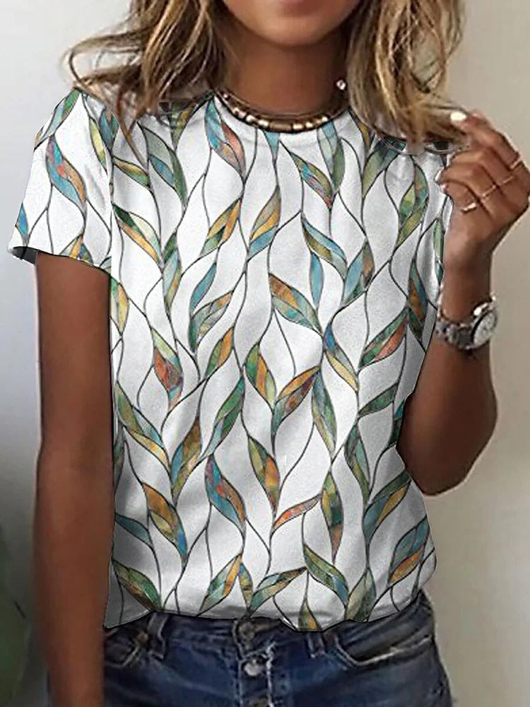 Women’s short sleeve Shirt - Women's Printed Short Sleeve leaf pattern