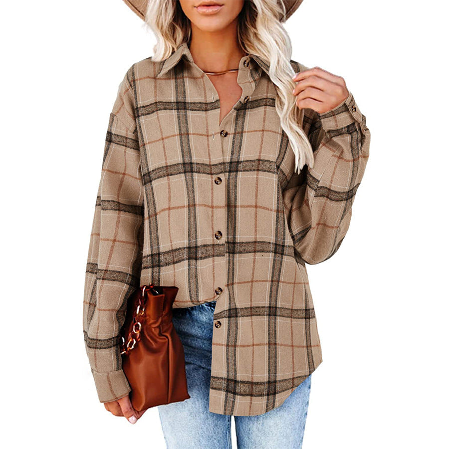Women’s Long sleeve shirt - New Casual Loose Boyfriend Plaid Shirt