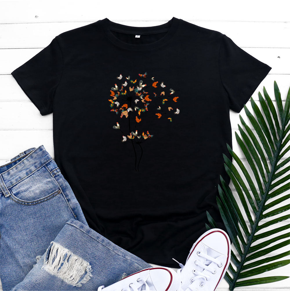 Women’s Short sleeve Tshirt  - European And American Rooster Dandelion Printed Cotton