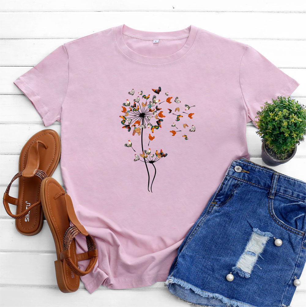 Women’s Short sleeve Tshirt  - European And American Rooster Dandelion Printed Cotton