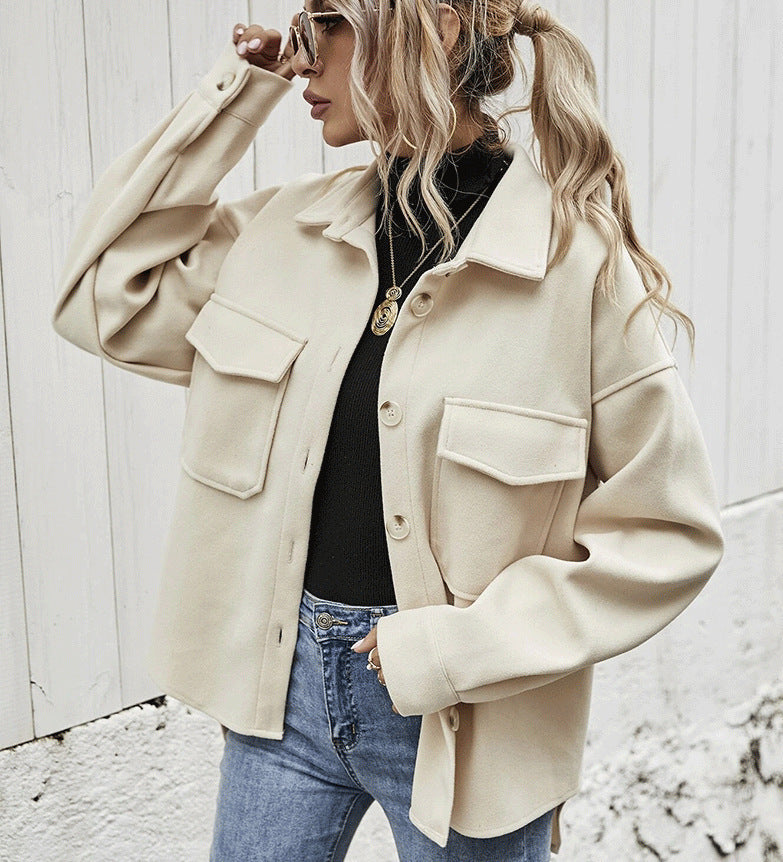 Women’s Winter Coat - Women Lapel Single-breasted Thickened Solid Color Jacket Woolen Loose Short Coat For Women Fashion Outwear Clothing