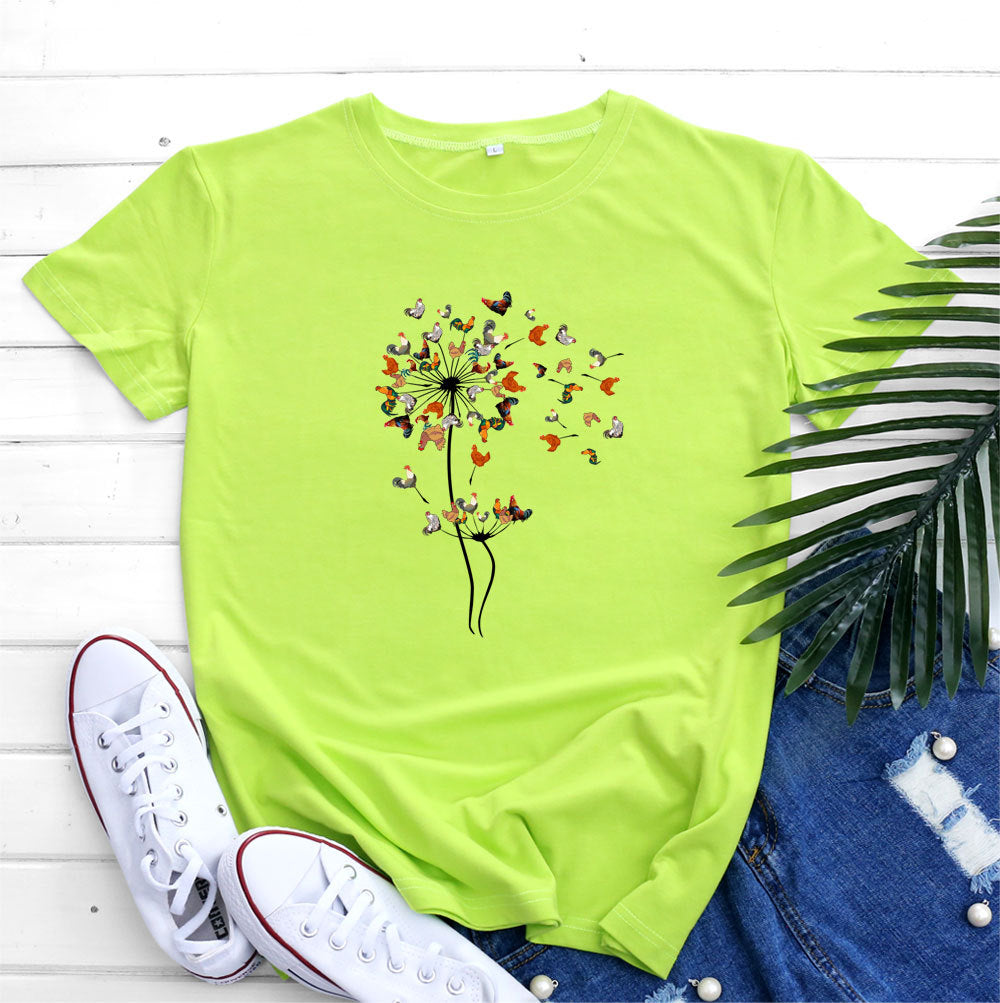 Women’s Short sleeve Tshirt  - European And American Rooster Dandelion Printed Cotton