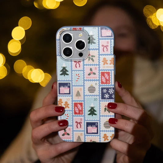 Powder Blue Noel Stamps iPhone 16 Plus Case