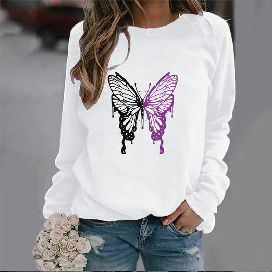 Women’s Long sleeve Tshirt  - Fashion Colorized Butterfly Round Neck Sports Top
