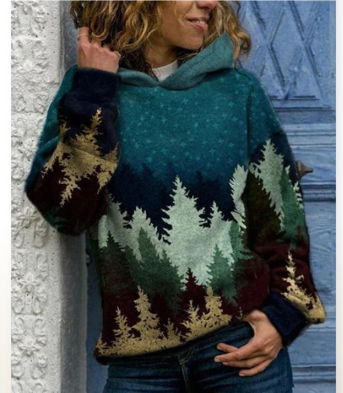 Women’s Sweater - Hooded Long Sleeve Digital Printing Loose Casual Sweater For Women