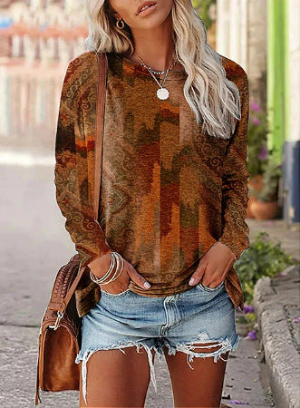 Women’s Long sleeve Tshirt - Women's Printed Long-sleeved Pullover Round Neck Top
