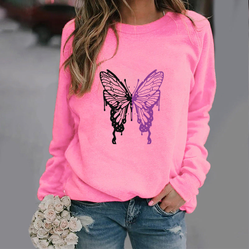 Women’s Long sleeve Tshirt  - Fashion Colorized Butterfly Round Neck Sports Top
