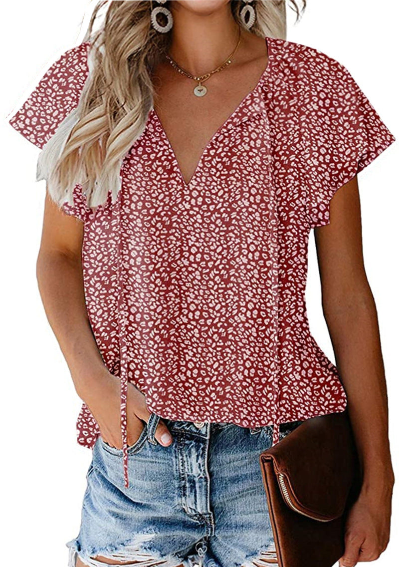 Women’s Floral Casual V-neck Chiffon Shirt Loose And Simple