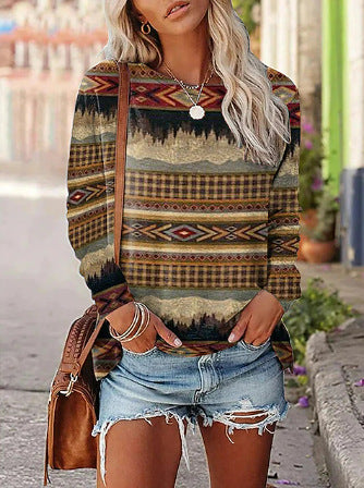 Women’s Long sleeve Tshirt - Women's Printed Long-sleeved Pullover Round Neck Top