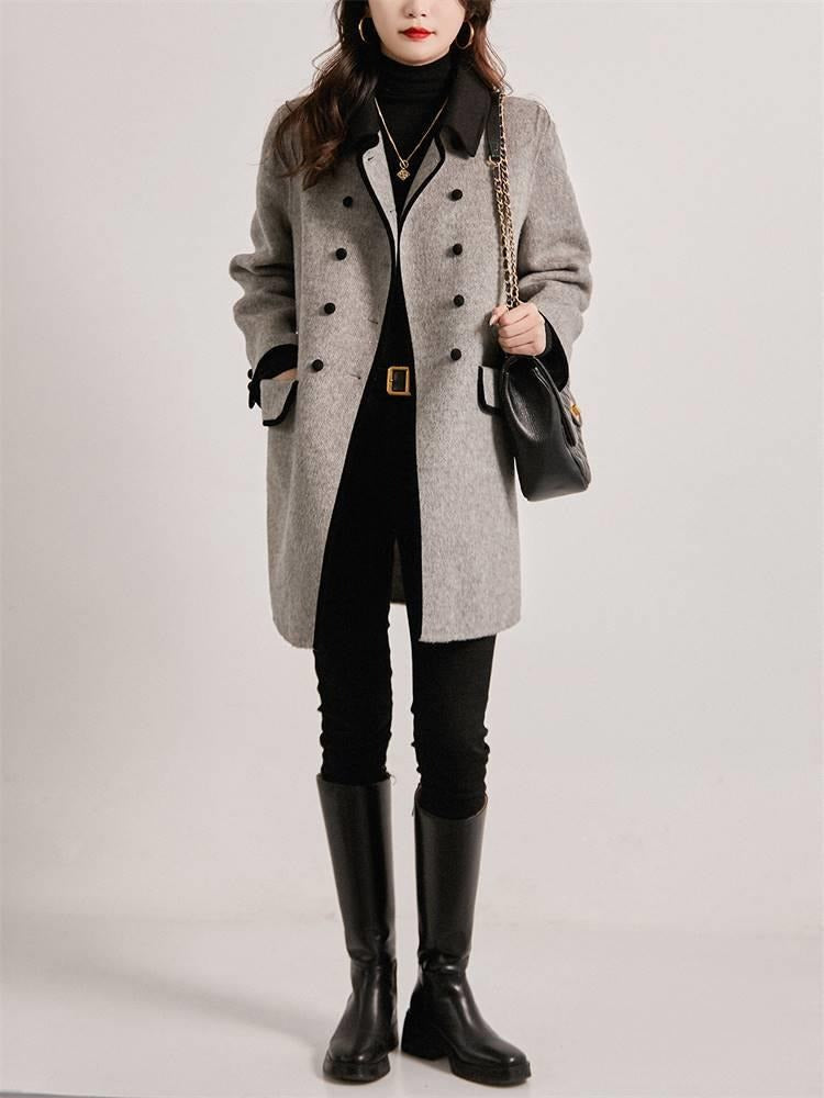 Women’s Jacket - Casual Contrast Color Peter Pan Collar Woolen Coat