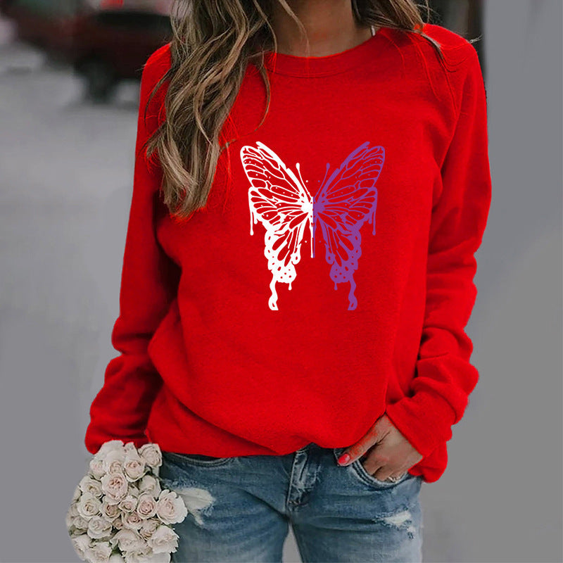 Women’s Long sleeve Tshirt  - Fashion Colorized Butterfly Round Neck Sports Top