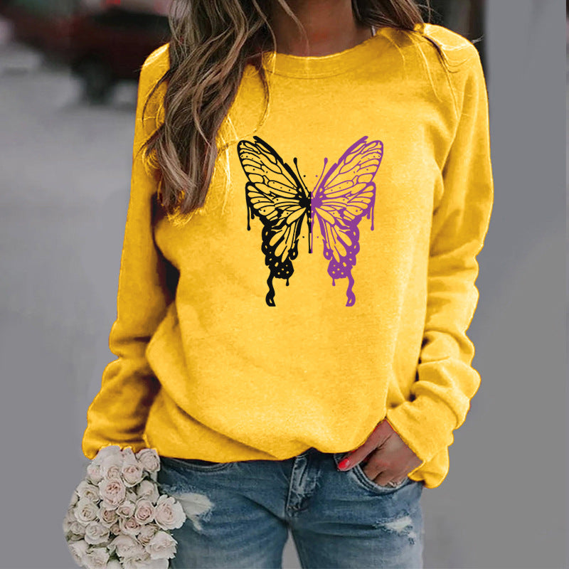 Women’s Long sleeve Tshirt  - Fashion Colorized Butterfly Round Neck Sports Top