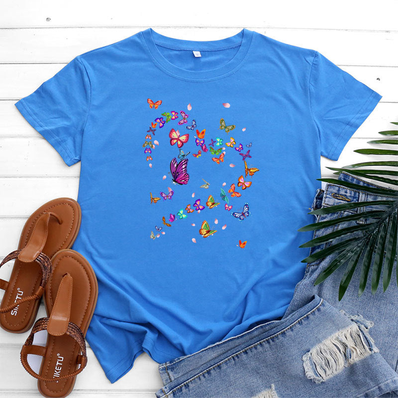 Women’s Tshirt - Women's Fashionable Simple Heart Butterfly Printed Round Neck Short Sleeve T-shirt
